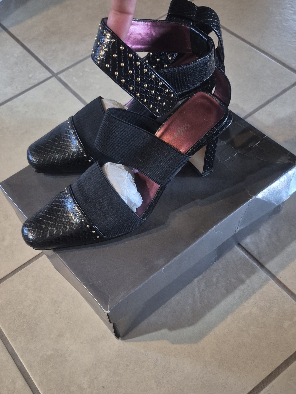 Black Studded Pointed-Toe Elastic Strap Heels